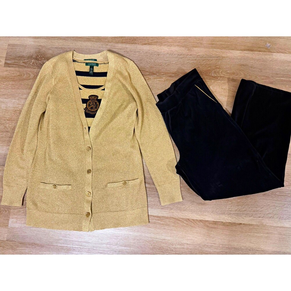 Lauren Ralph Lauren Women’s L 3-Pc Knit Set Cardigan/Tank/Straight Pants Silk